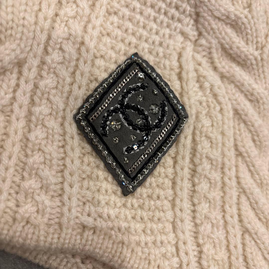 CHANEL アイボリー ニット帽 ケーブル編み