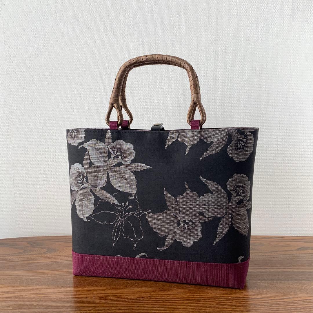 大島紬 カトレアの花 リメイク 胡桃皮ハンドルバッグ