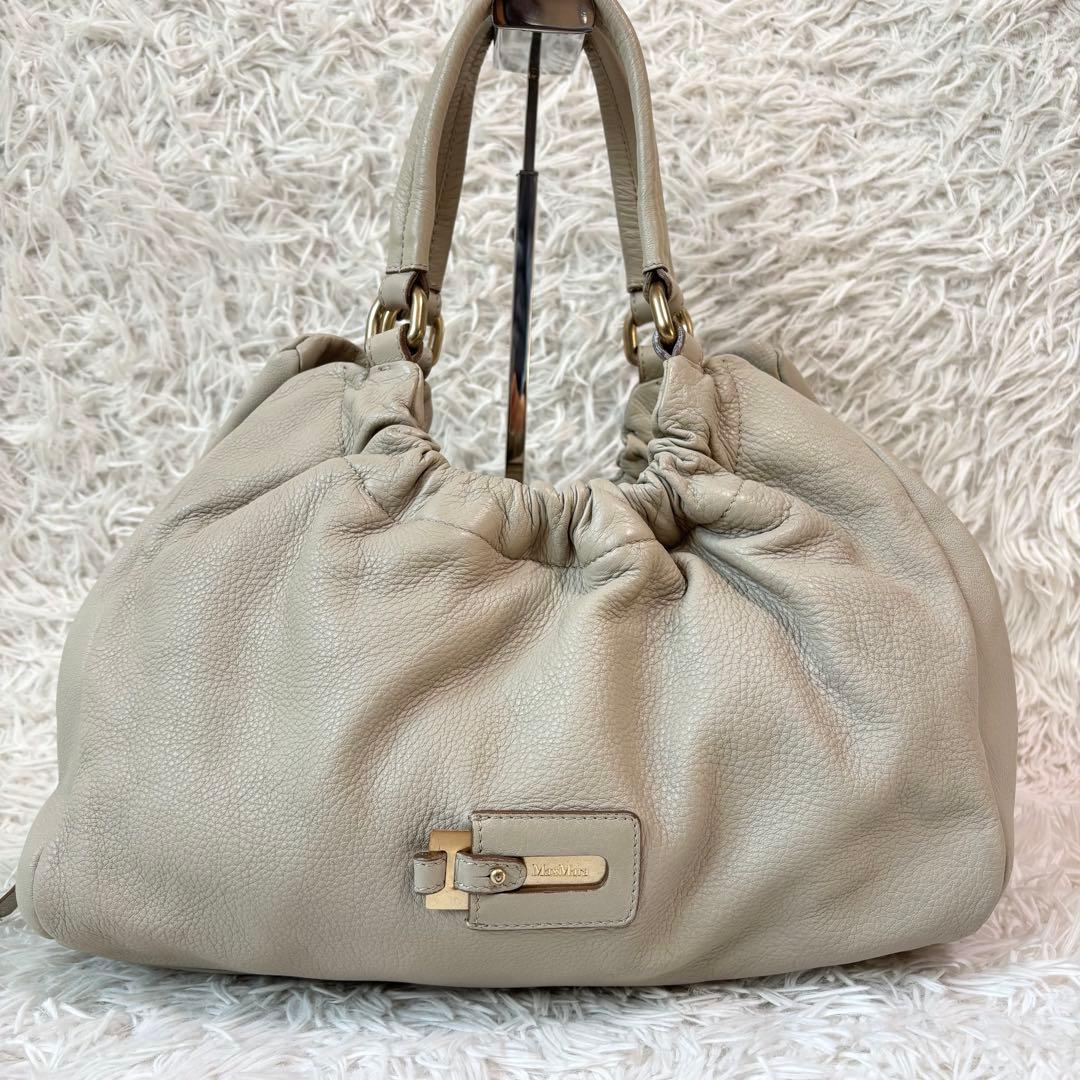 美品✨マックスマーラ ハンドバッグ 巾着 総柄 ロゴプレート ゴールド金具 本革