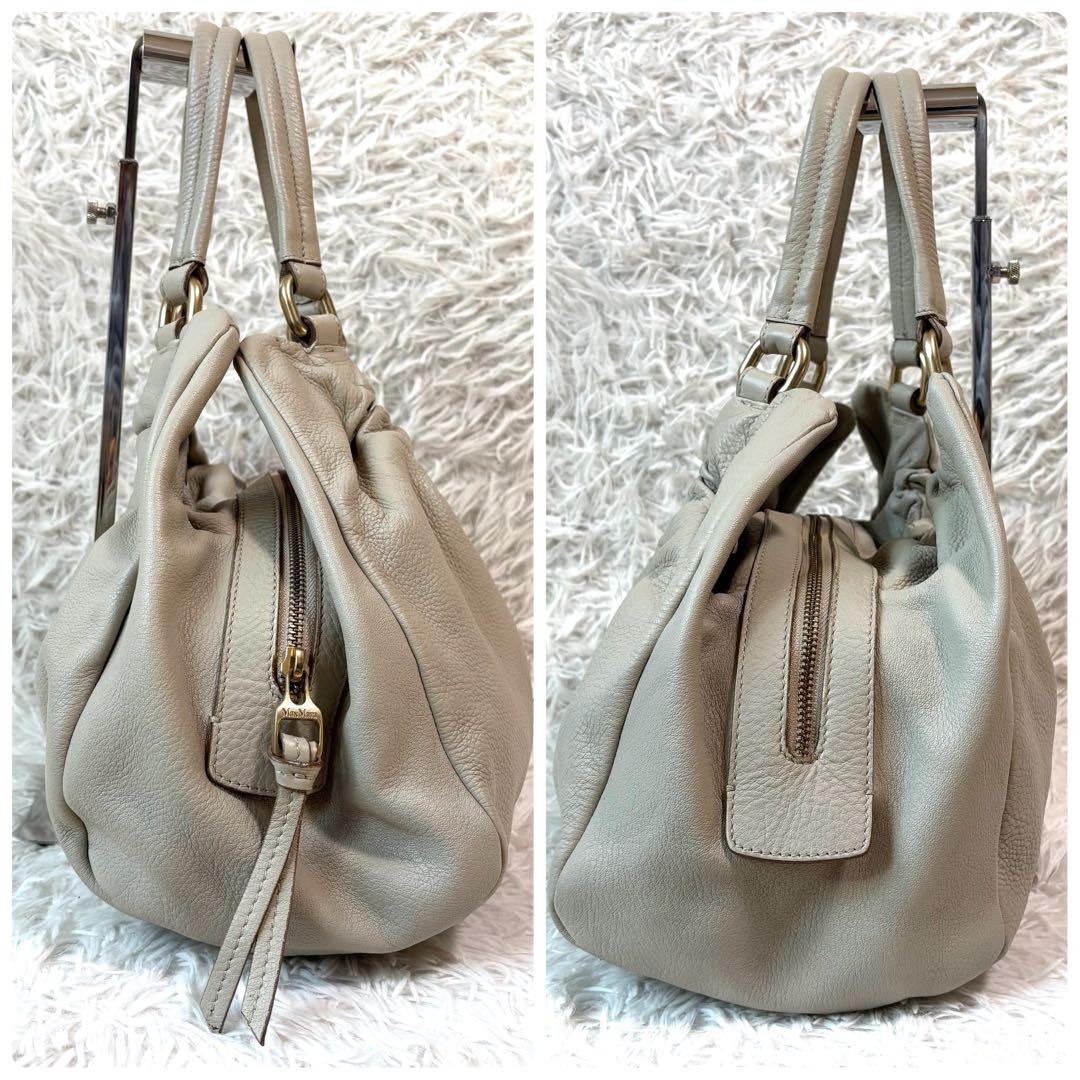 美品✨マックスマーラ ハンドバッグ 巾着 総柄 ロゴプレート ゴールド金具 本革