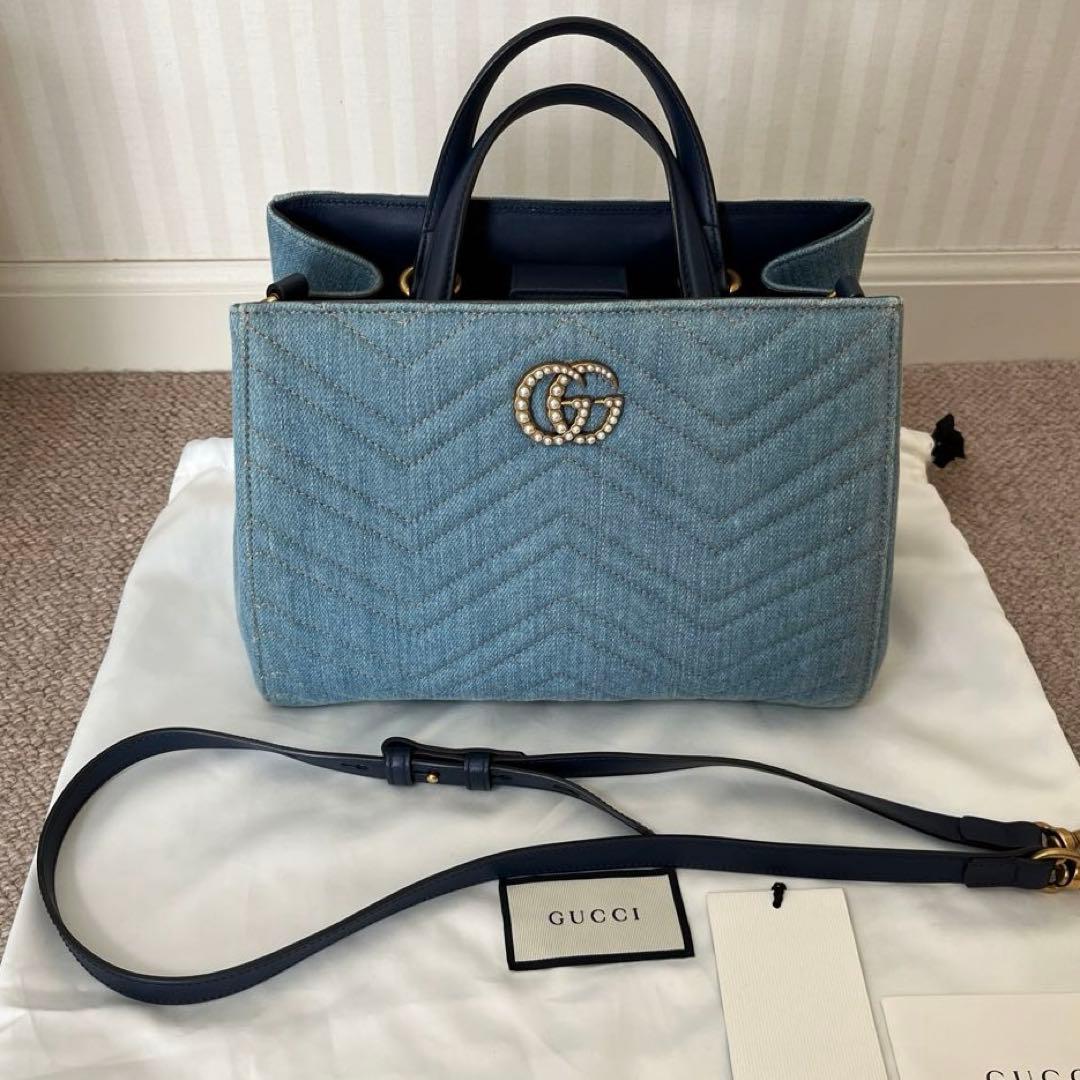 GUCCI デニムバッグ　ショルダーストラップ付き　パールCGマーモント