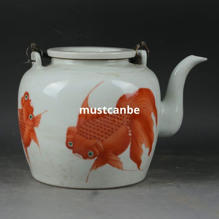 景徳鎮 陶磁器 金魚紋提梁壺 茶壺 煎茶器 装飾品 現代工芸品 置物