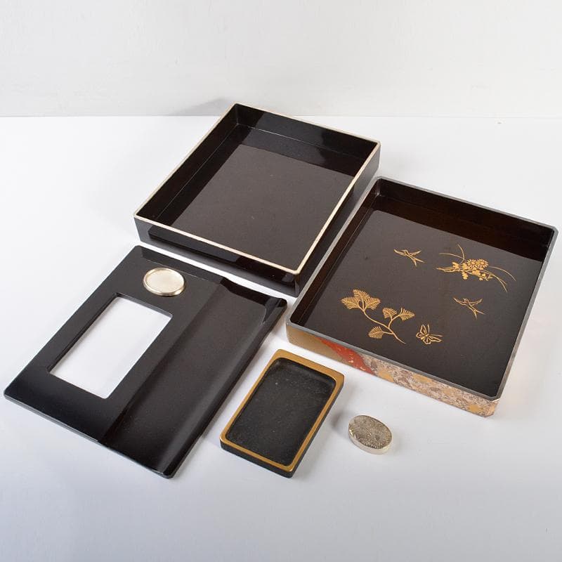 菊蒔絵　和歌文　御硯箱　硯　水滴　一式　在銘共箱　D　R6669