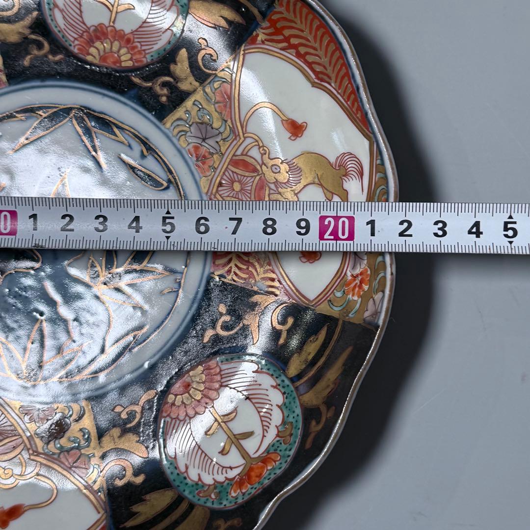 古伊万里　染錦唐獅子柘榴文様　輪花形七寸皿　幕末から明治期　直径22cm 5客