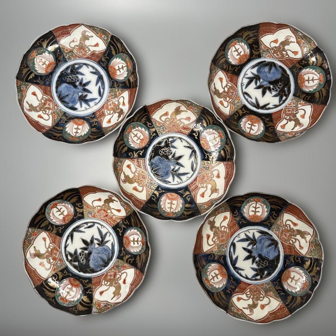 古伊万里　染錦唐獅子柘榴文様　輪花形七寸皿　幕末から明治期　直径22cm 5客