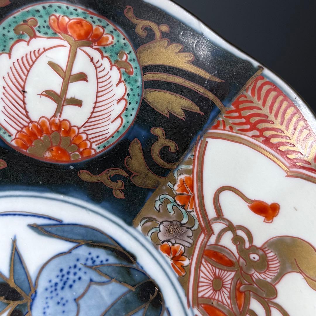 古伊万里　染錦唐獅子柘榴文様　輪花形七寸皿　幕末から明治期　直径22cm 5客