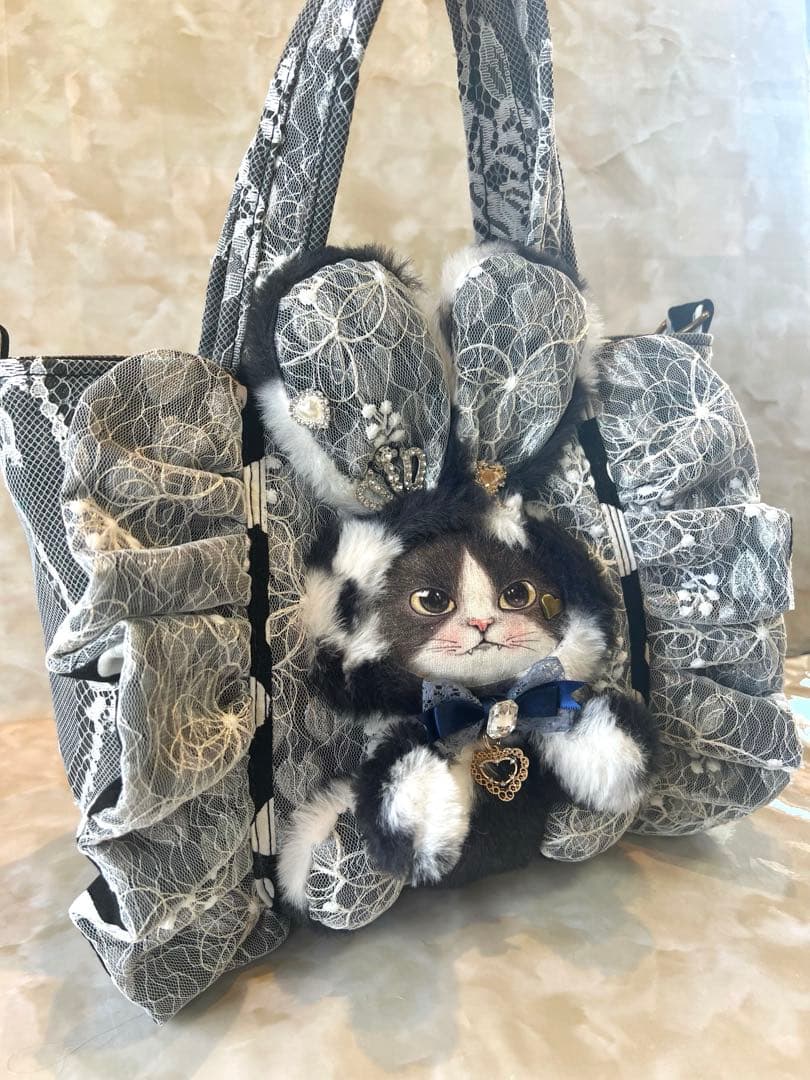 コヤンイサムチョン　ブラックレースデニム/ラメレース　ふんわりフリルバッグ