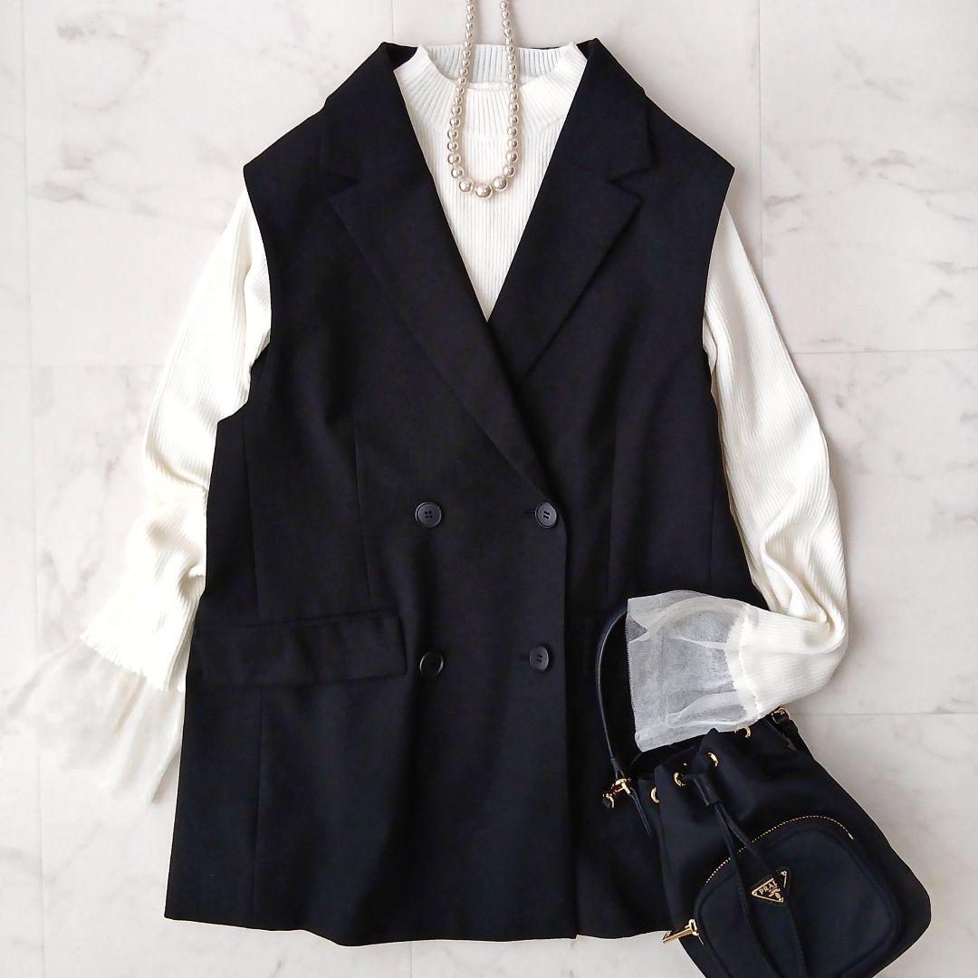 美品 アンタイトル 洗える ウール ダブルブレストベスト M ブラック 日本製