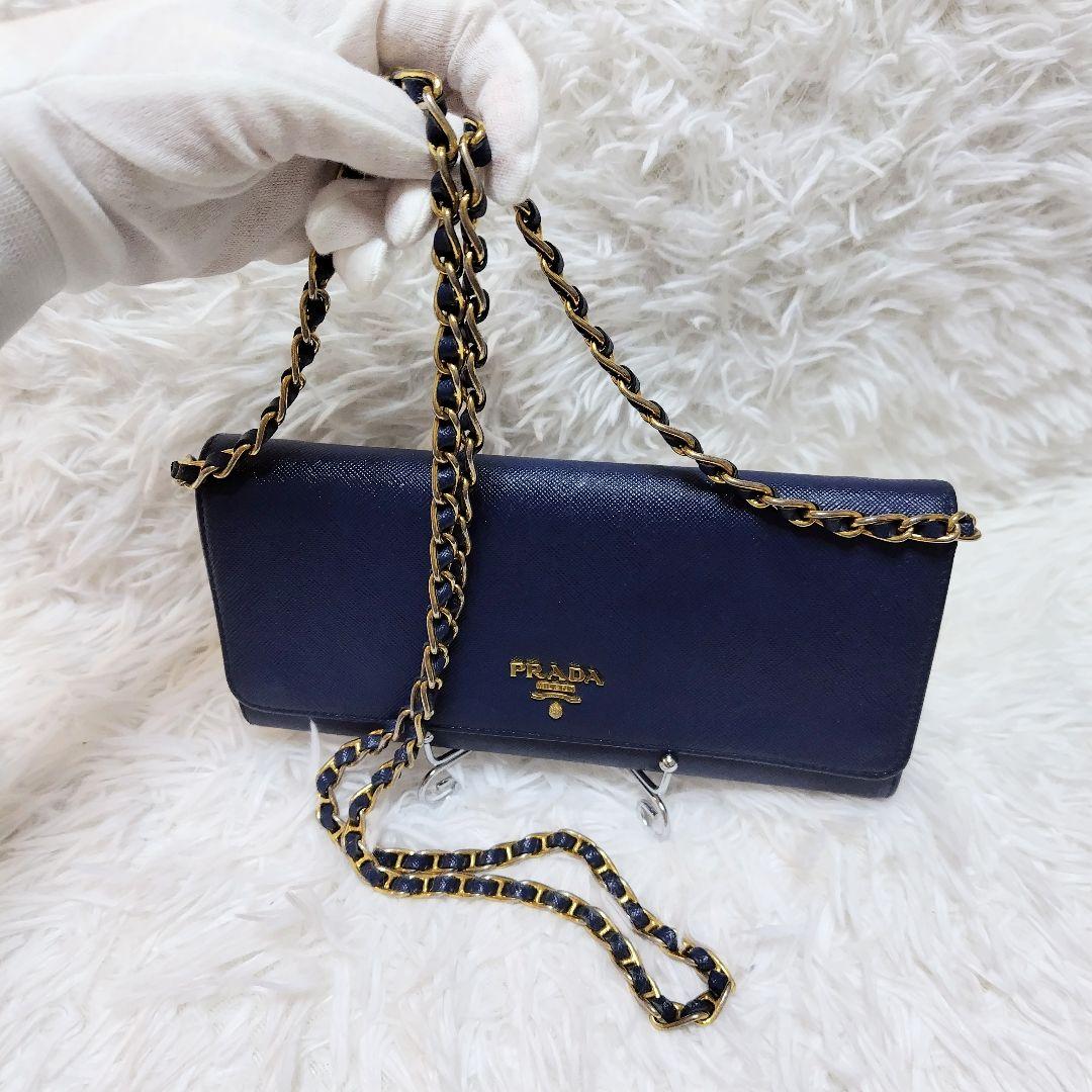 レア美品✨プラダ◇チェーンショルダーウォレット　サフィアーノゴールド金具ネイビー