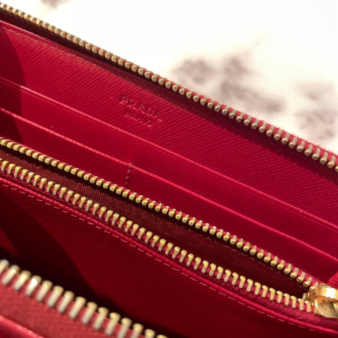 プラダ　リボン　長財布　ゴールド金具　赤　サフィアーノレザー