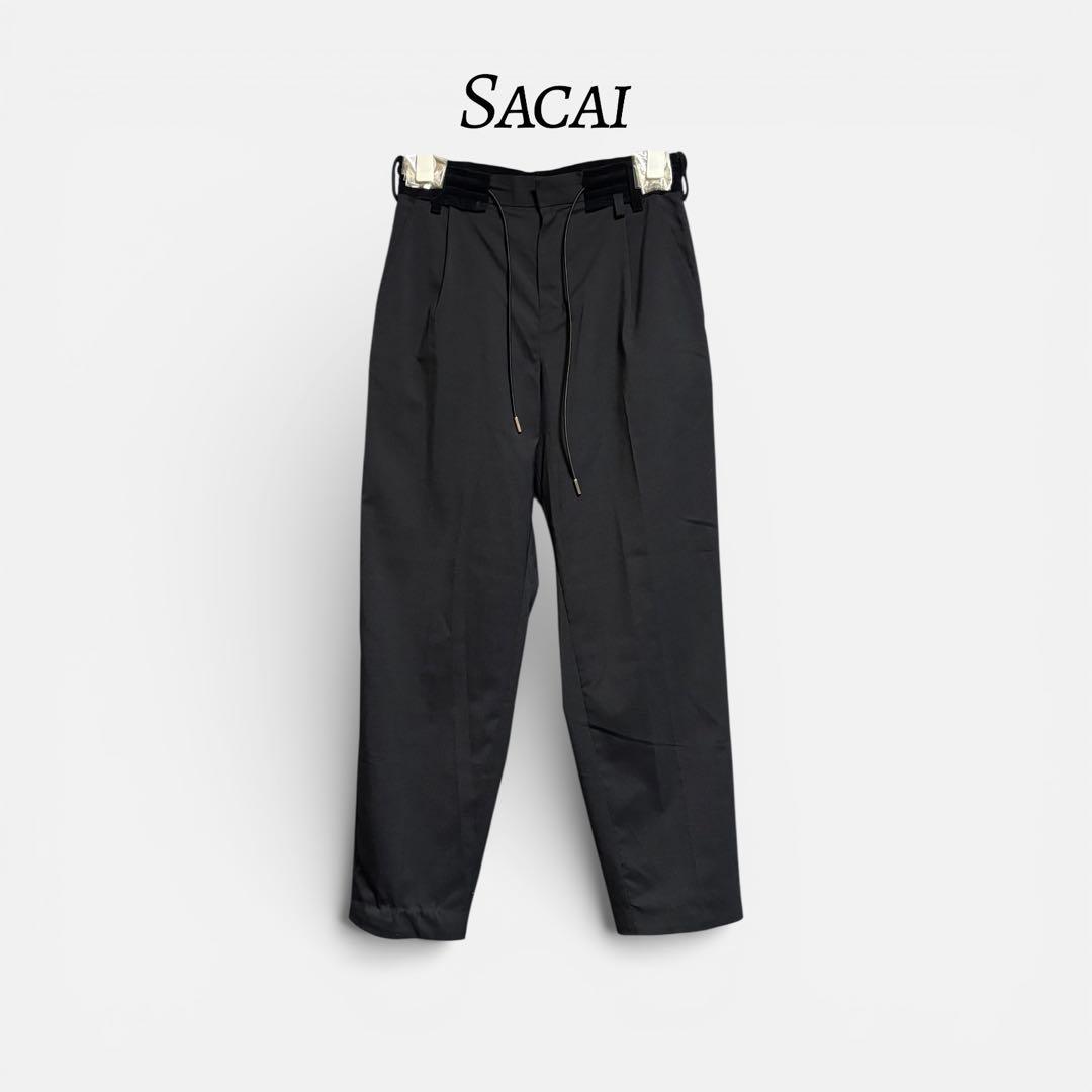 sacai 21SS ベロア切替 スーチングパンツ 1 濃紺 裾ドローコード