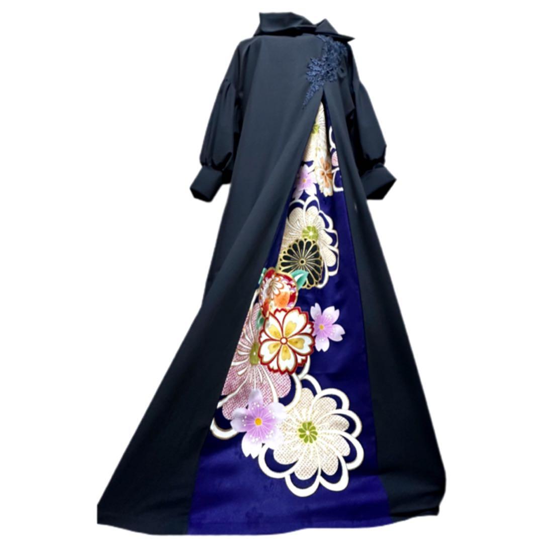 振袖　着物リメイク　ドレス　濃紺×金彩桜や菊や橘　和柄　ワンピース　ハンドメイド