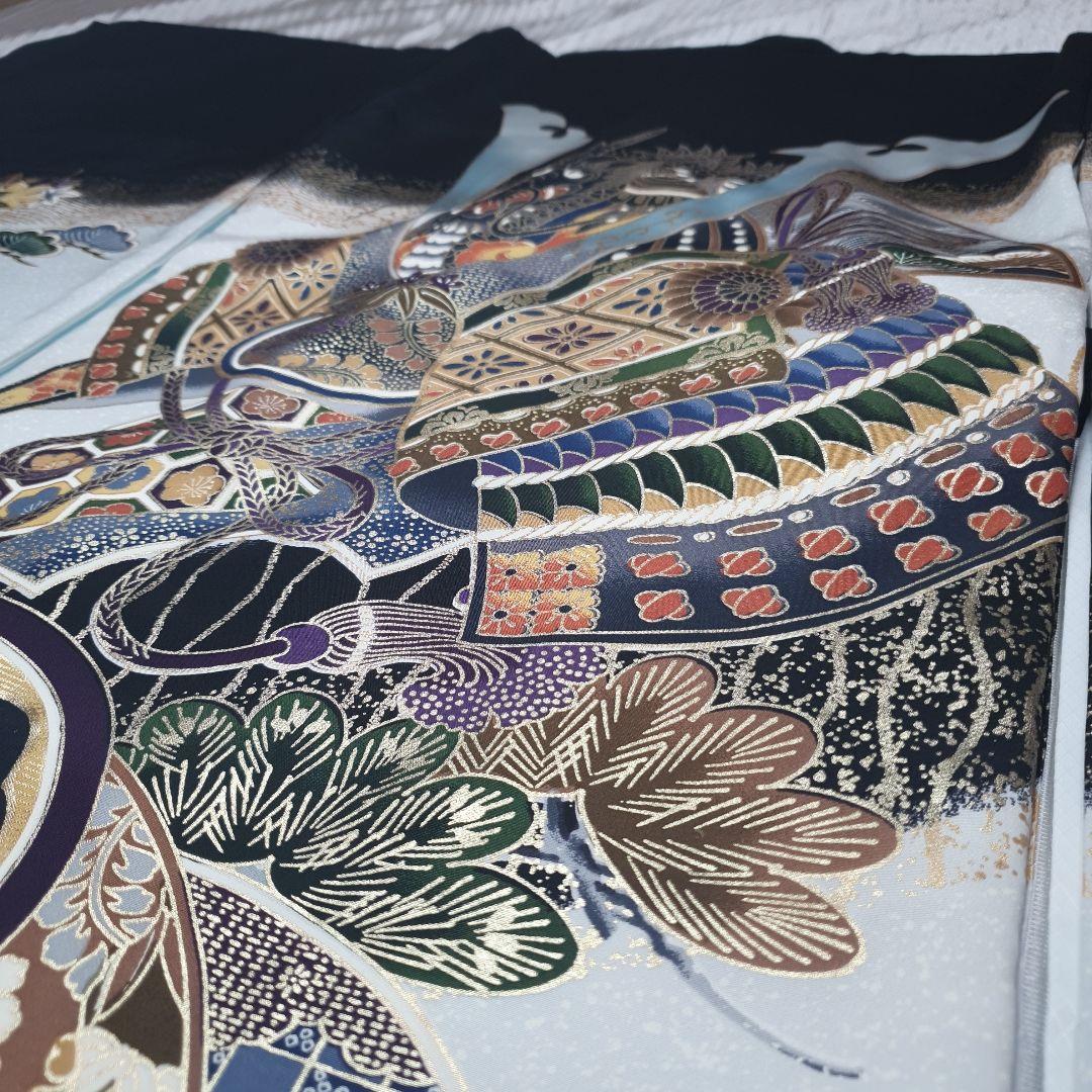 お宮参り　男の子一つ身着物　産着　鎧兜　黒、オフホワイト