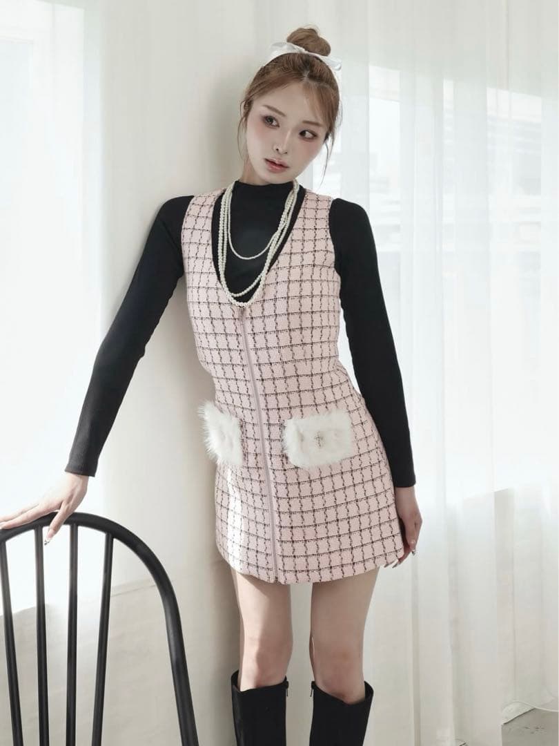 Darich♡フロントファスナーツイードミニワンピース　(PNK・Free)