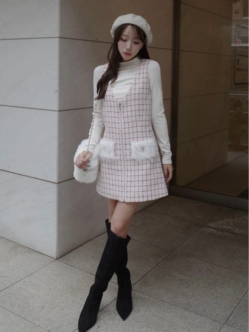 Darich♡フロントファスナーツイードミニワンピース　(PNK・Free)