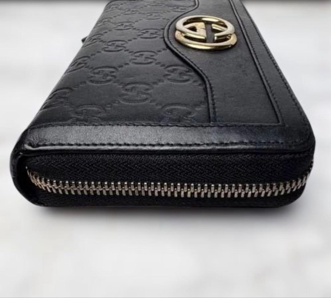 GUCCI インターロッキングG シマ レザー ラウンドファスナー 長財布 黒