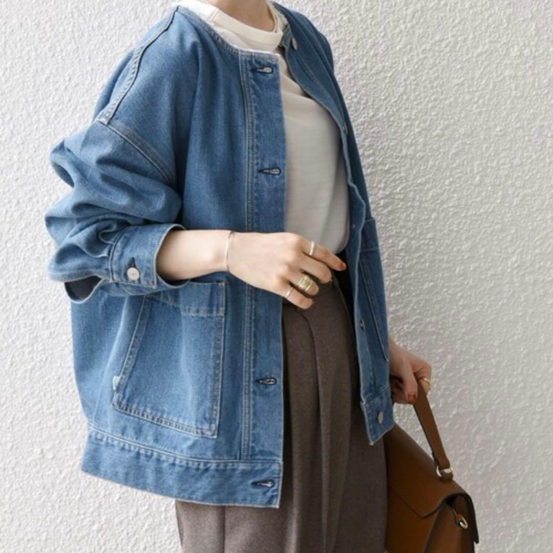 ■SHIPS any: ノーカラー デニム ブルゾン