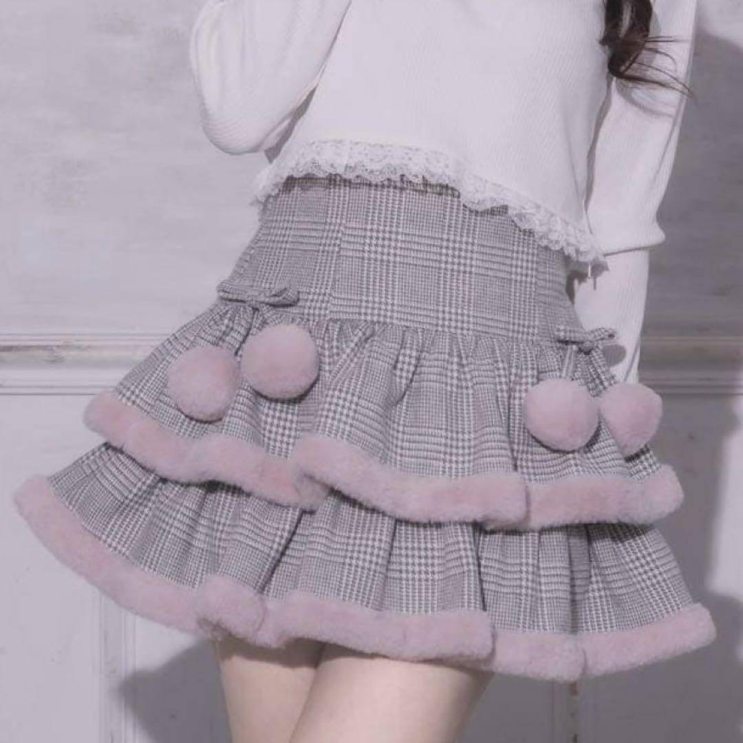 piumファー付きティアードミニスカート グレーチェック