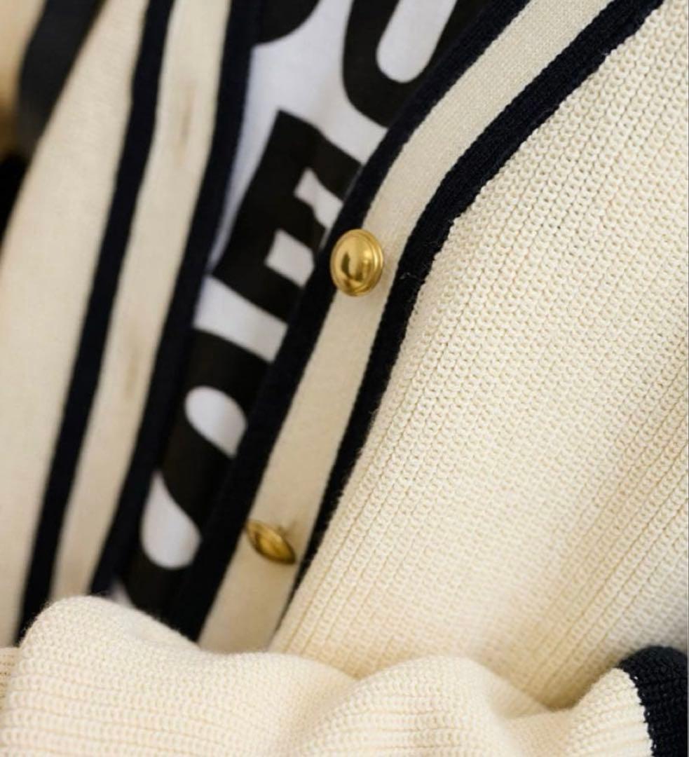 フレームワーク　ライン畦ニットカーディガン　アイボリー　金ボタン　リネン混