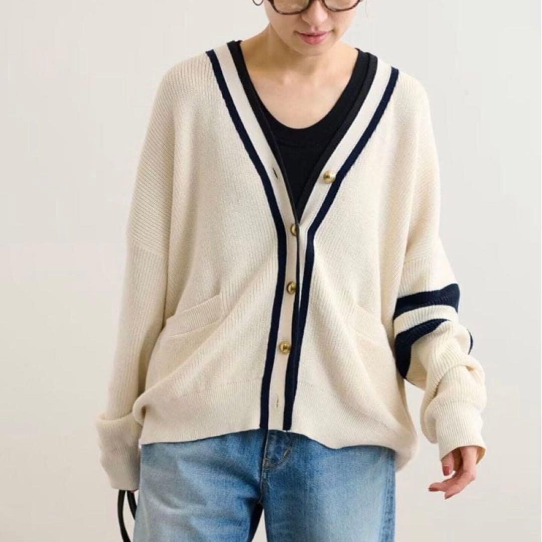 フレームワーク　ライン畦ニットカーディガン　アイボリー　金ボタン　リネン混
