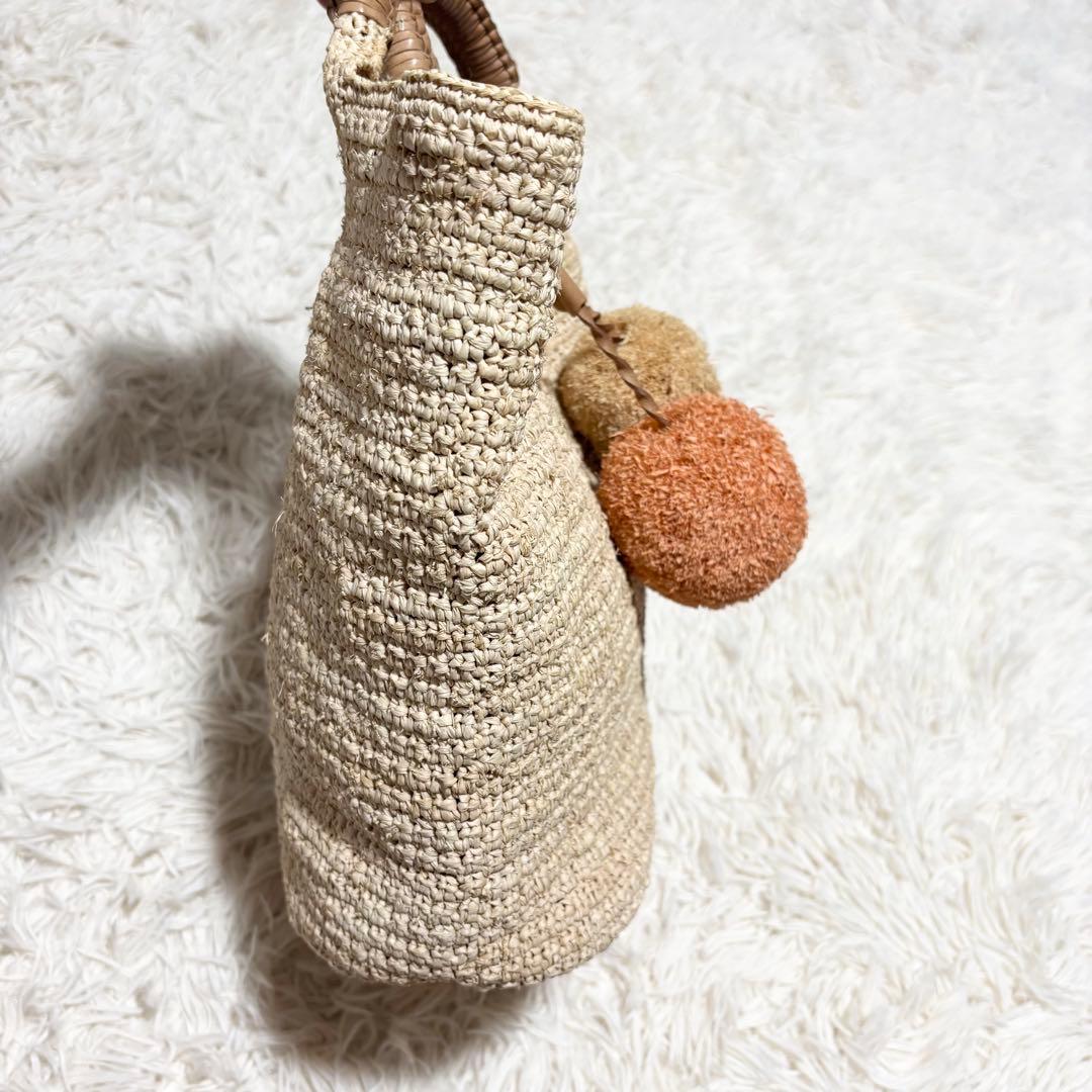 美品 収納袋付き ヘレンカミンスキー ラフィア カゴバッグ ポンポン 本革