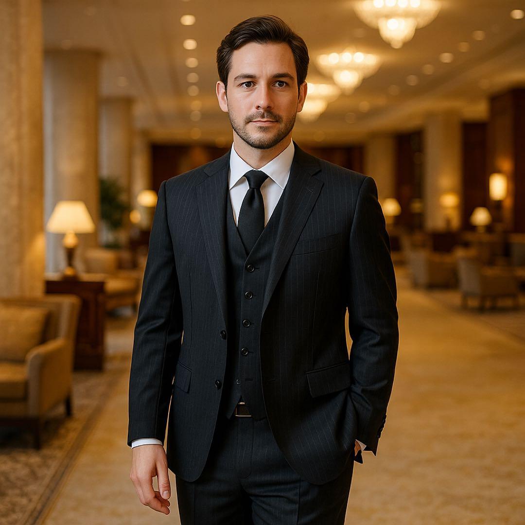 【美品】FULL MARK フルマーク 3ピース 黒 ストライプ Lサイズ