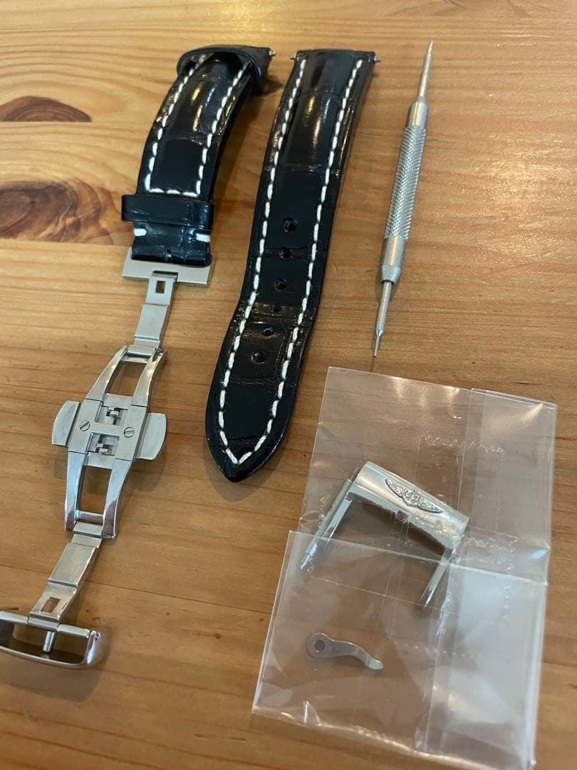 【美品】ブライトリング純正レザーベルト黒 20-18 (★社外品Dバックル付き)