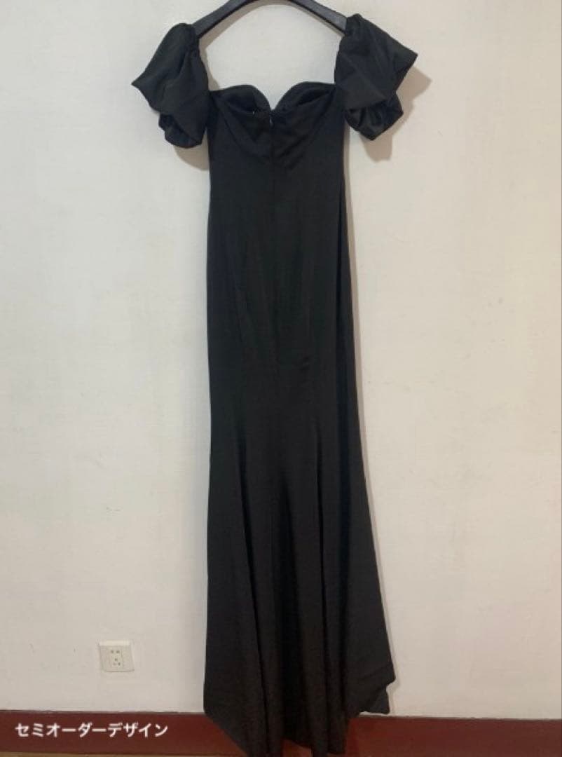 オフショルダー ボリューム袖 サテン ブラック ソフトマーメイドドレス