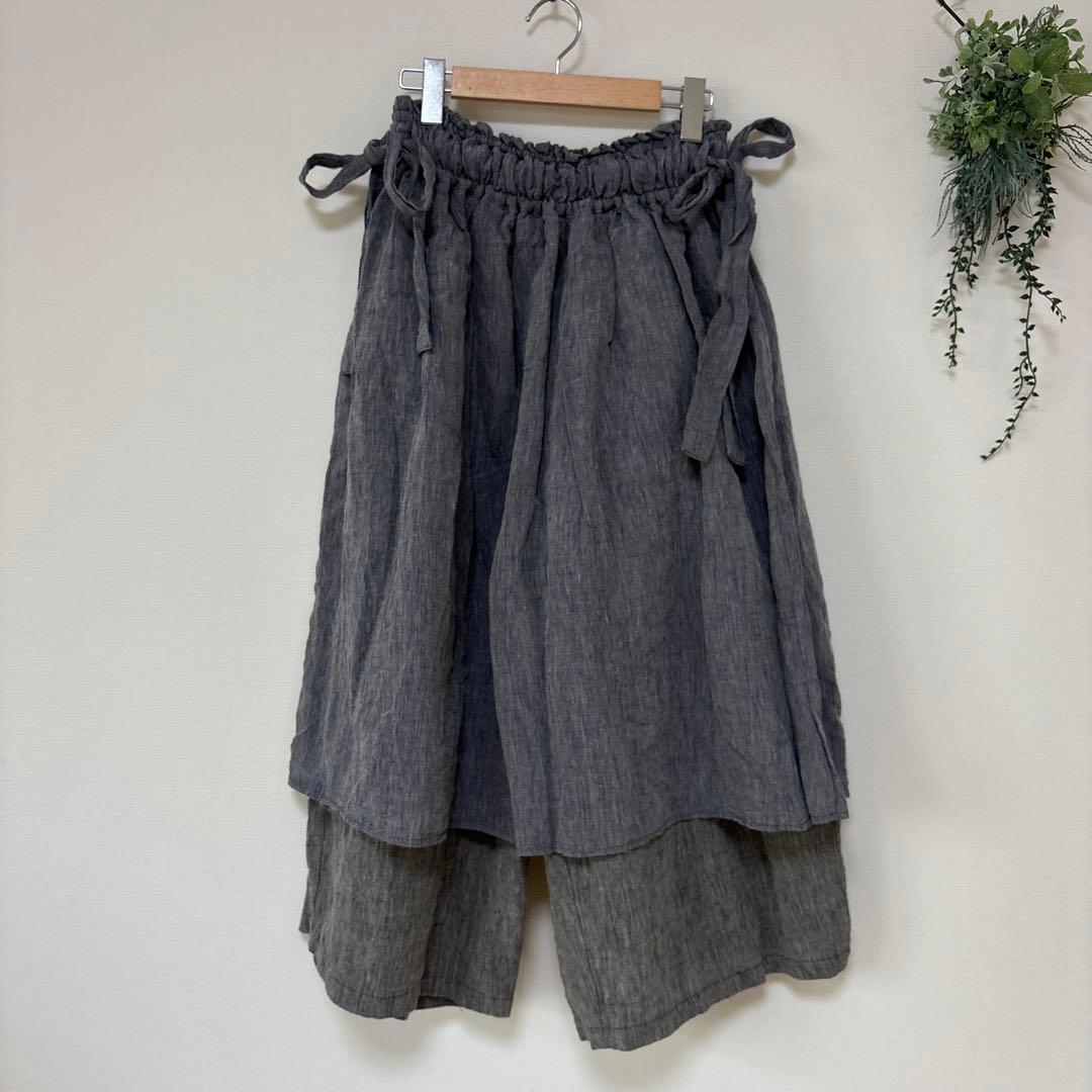 キャピタル リネン エプロン ガウチョ ワイドパンツ 総ゴム リボン ラップ