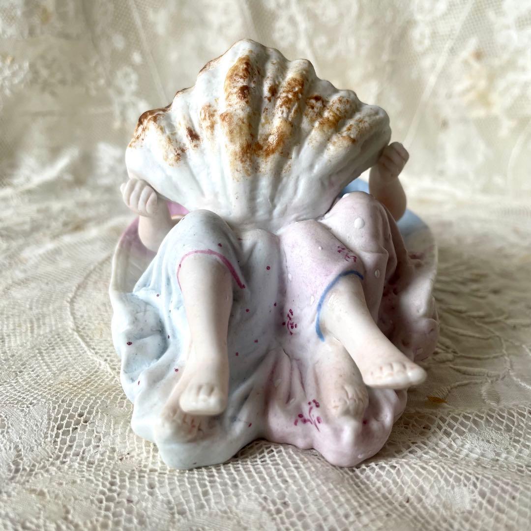 二人の天使の聖水盤　ビスク　フランスアンティーク　ブルーとピンク　エンジェル