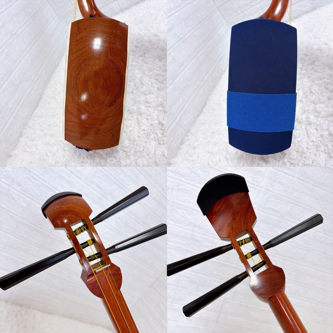 美品　三味線 細棹　猫皮　花梨　破れなし　四乳　四ツ皮　長袋付き　和紙袋