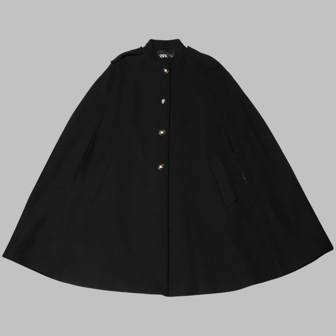 美品★L★ZARA★ケープコート★ウール ポンチョ★ブラック★金ボタン★ザラ