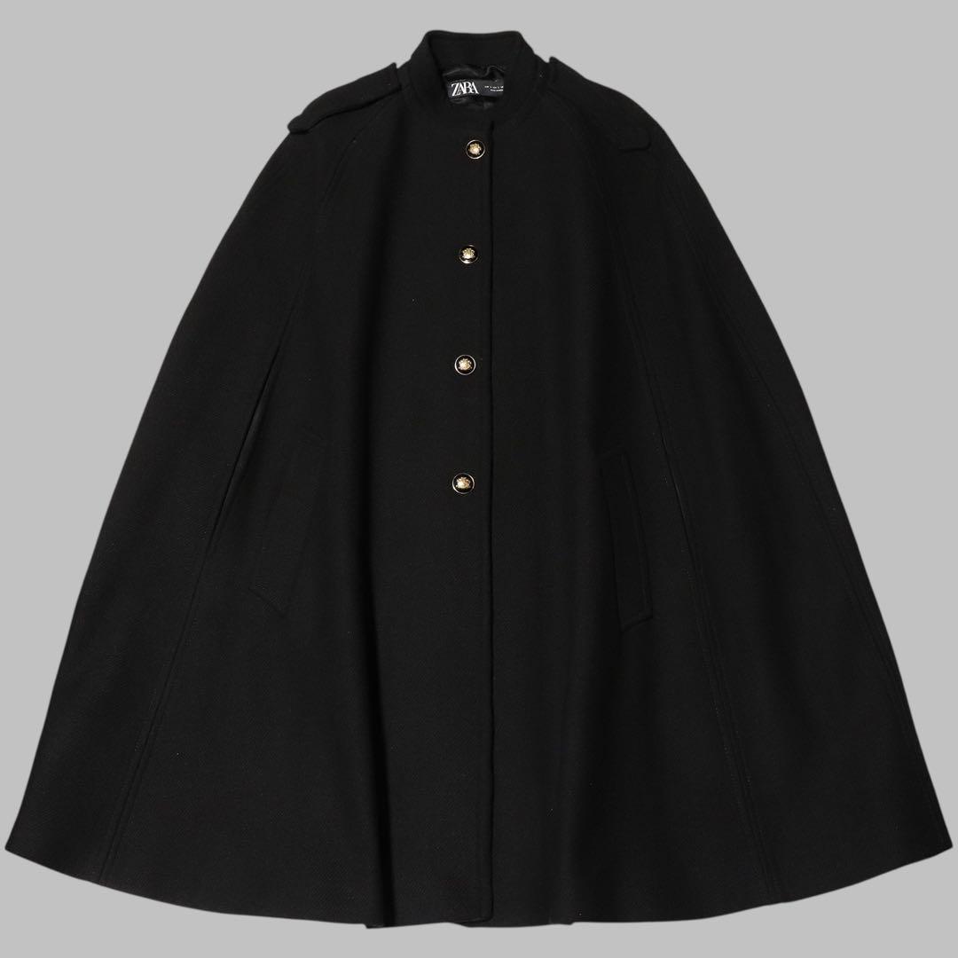 美品★L★ZARA★ケープコート★ウール ポンチョ★ブラック★金ボタン★ザラ