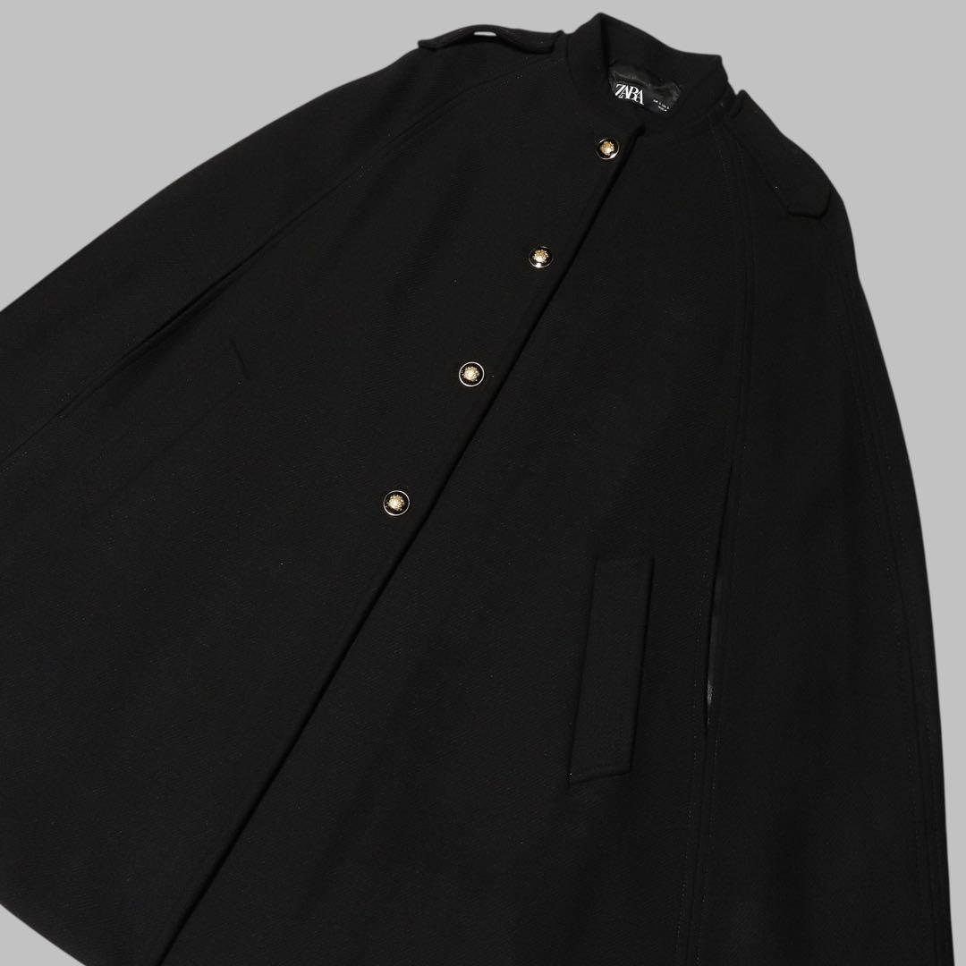 美品★L★ZARA★ケープコート★ウール ポンチョ★ブラック★金ボタン★ザラ