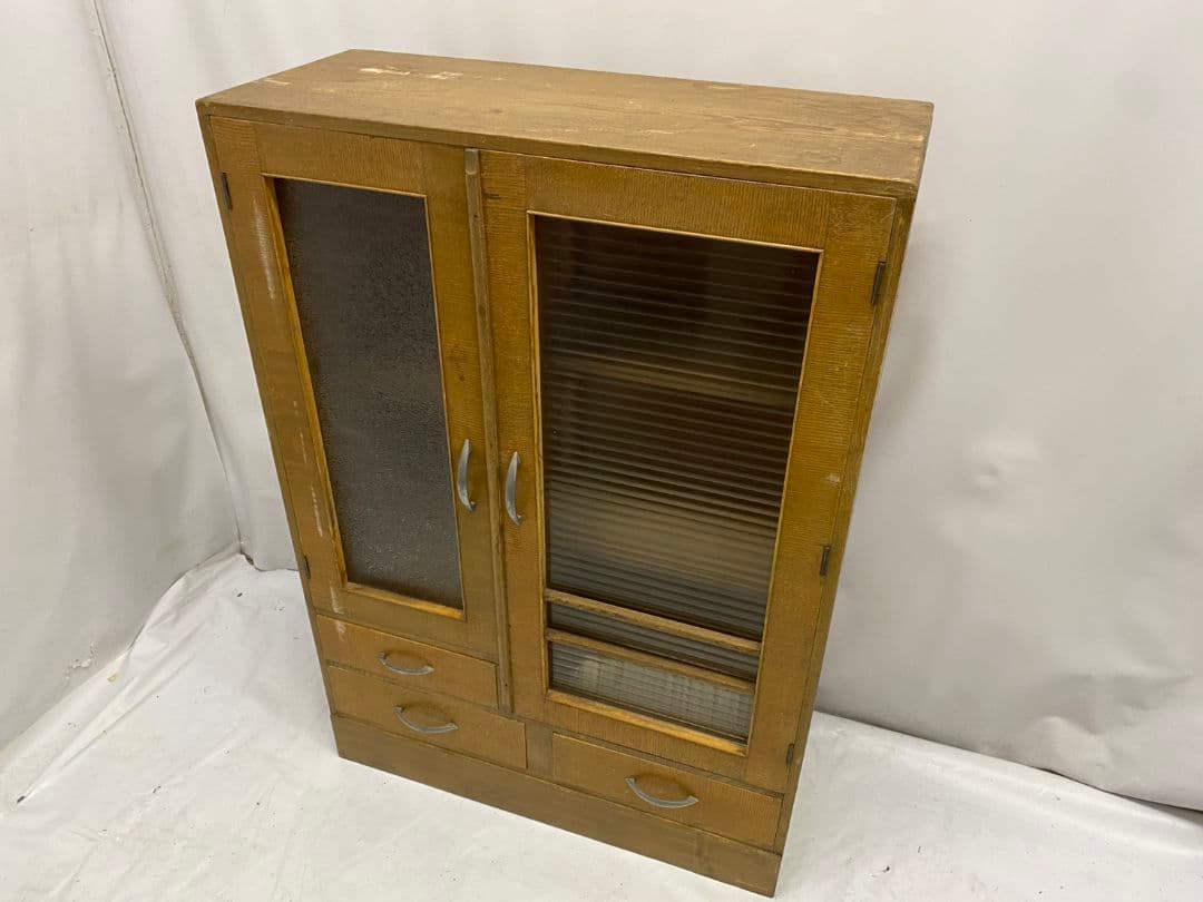 レトロ ガラス キャビネット 食器棚 書棚 本棚 本箱 ヴィンテージ 昭和