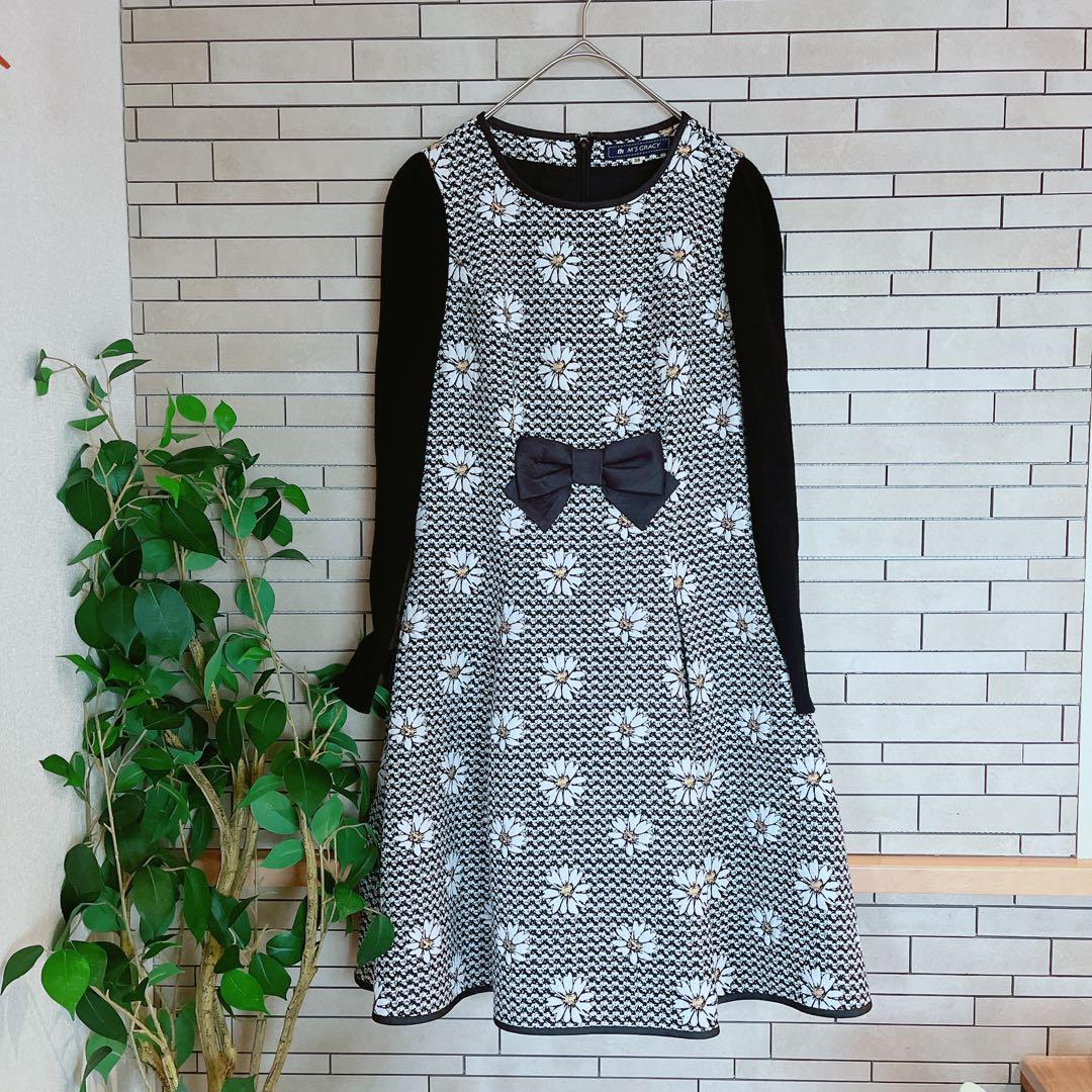 エムズグレイシー マーガレット リボン リブ切り替えニットワンピース 38