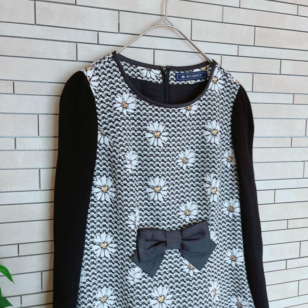 エムズグレイシー マーガレット リボン リブ切り替えニットワンピース 38