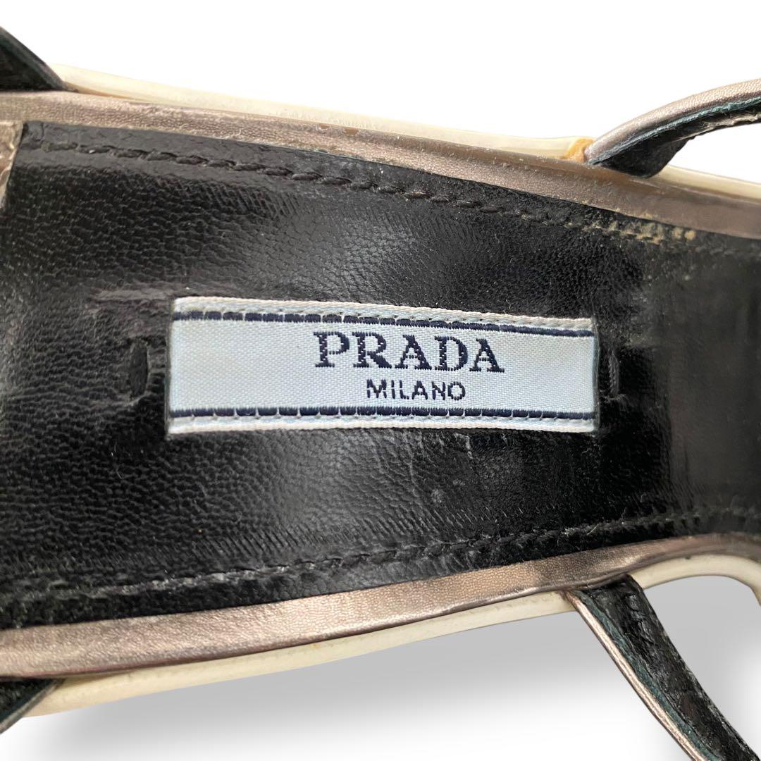 プラダ　ミュール　ハイヒール　ウェッジソール　メタリック　ストラップ　25cm
