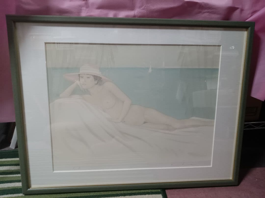 栗原喜依子作　リトグラフ｛晩夏・裸婦〕　額付　作家サイン有り　E・A版　美品