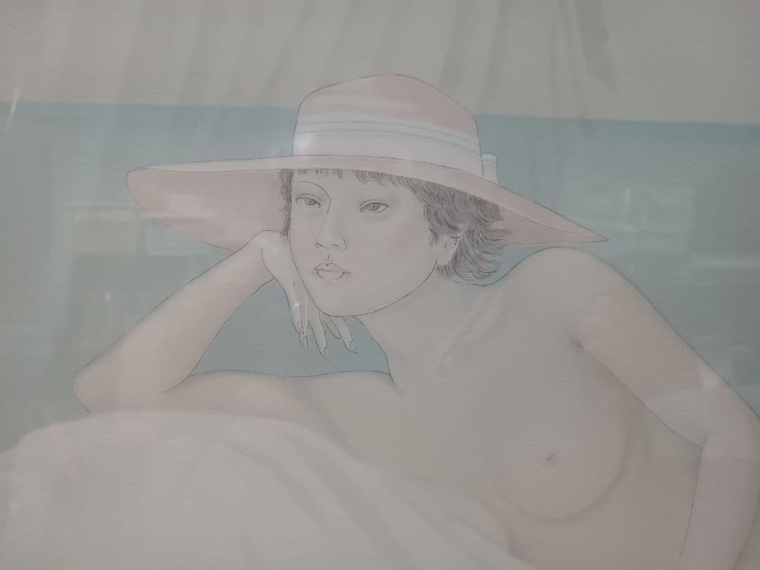 栗原喜依子作　リトグラフ｛晩夏・裸婦〕　額付　作家サイン有り　E・A版　美品