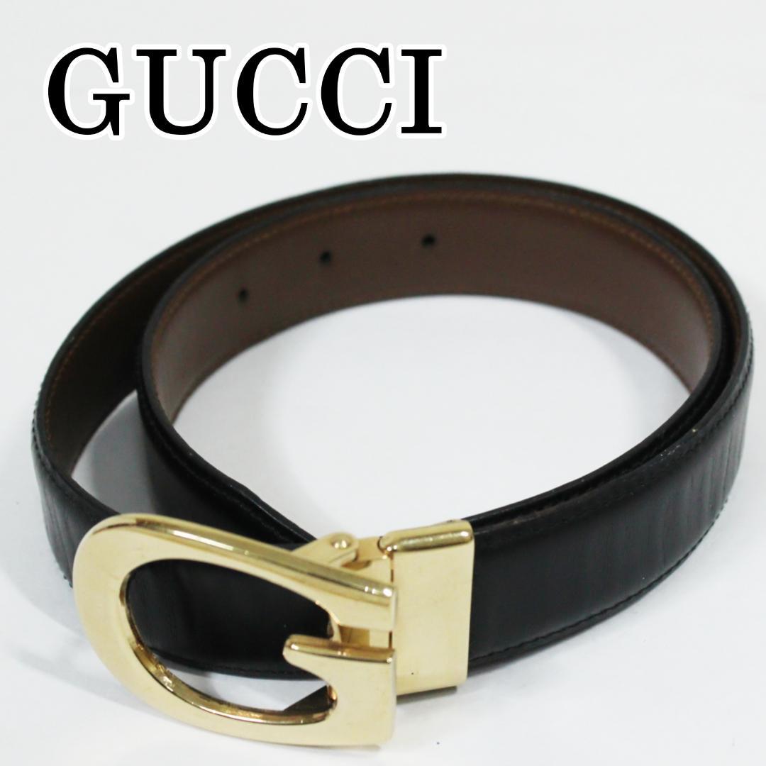 美品 グッチ ベルト G型バックル レザー ゴールド ブラック GUCCI