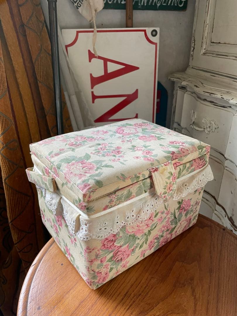 フランス　アンティーク　カルトナージュ　ボックス　収納箱　裁縫箱　ローズ　バラ
