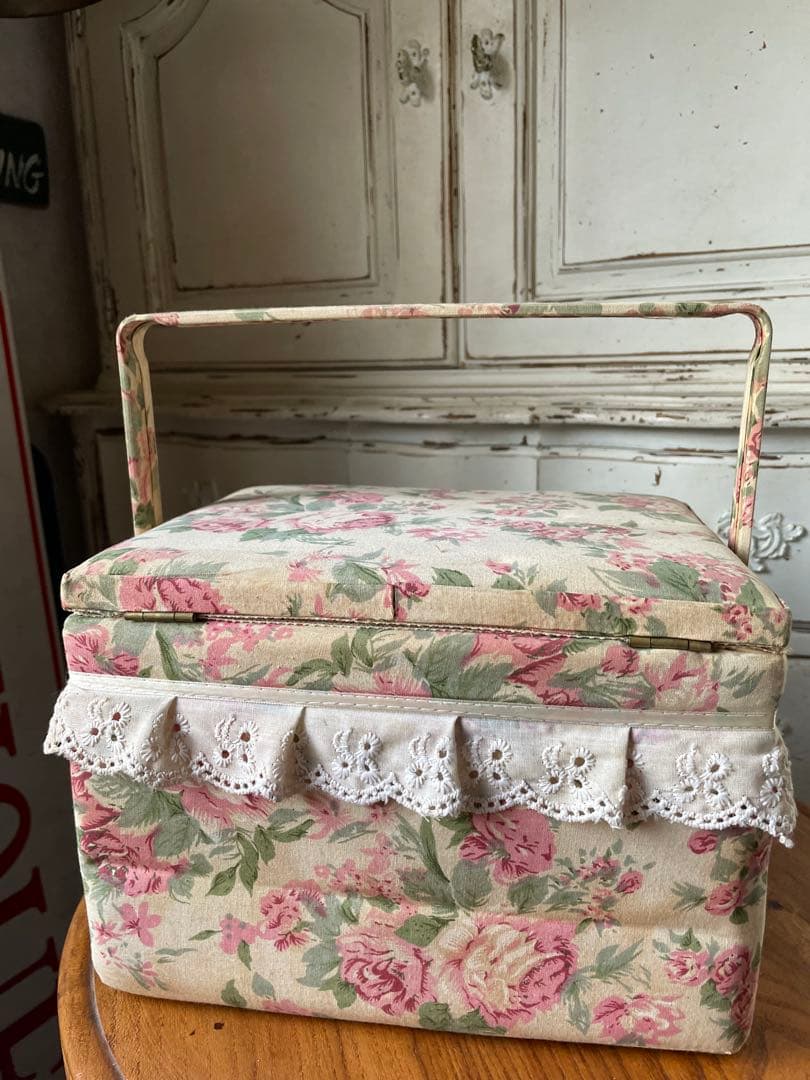 フランス　アンティーク　カルトナージュ　ボックス　収納箱　裁縫箱　ローズ　バラ