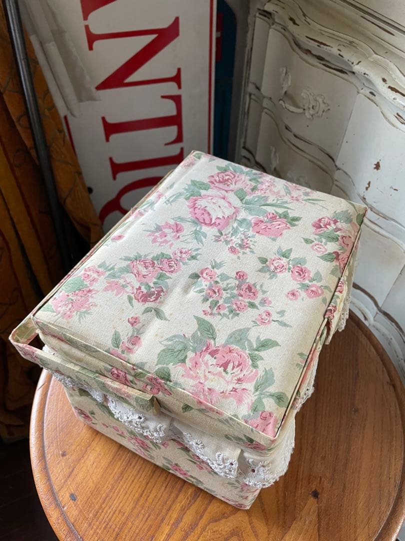 フランス　アンティーク　カルトナージュ　ボックス　収納箱　裁縫箱　ローズ　バラ