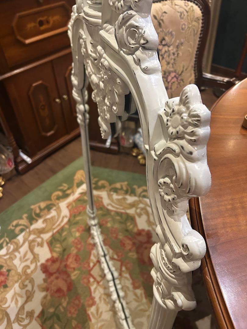 アンティーク　ロココ　ホワイト　壁掛けミラー　姿見