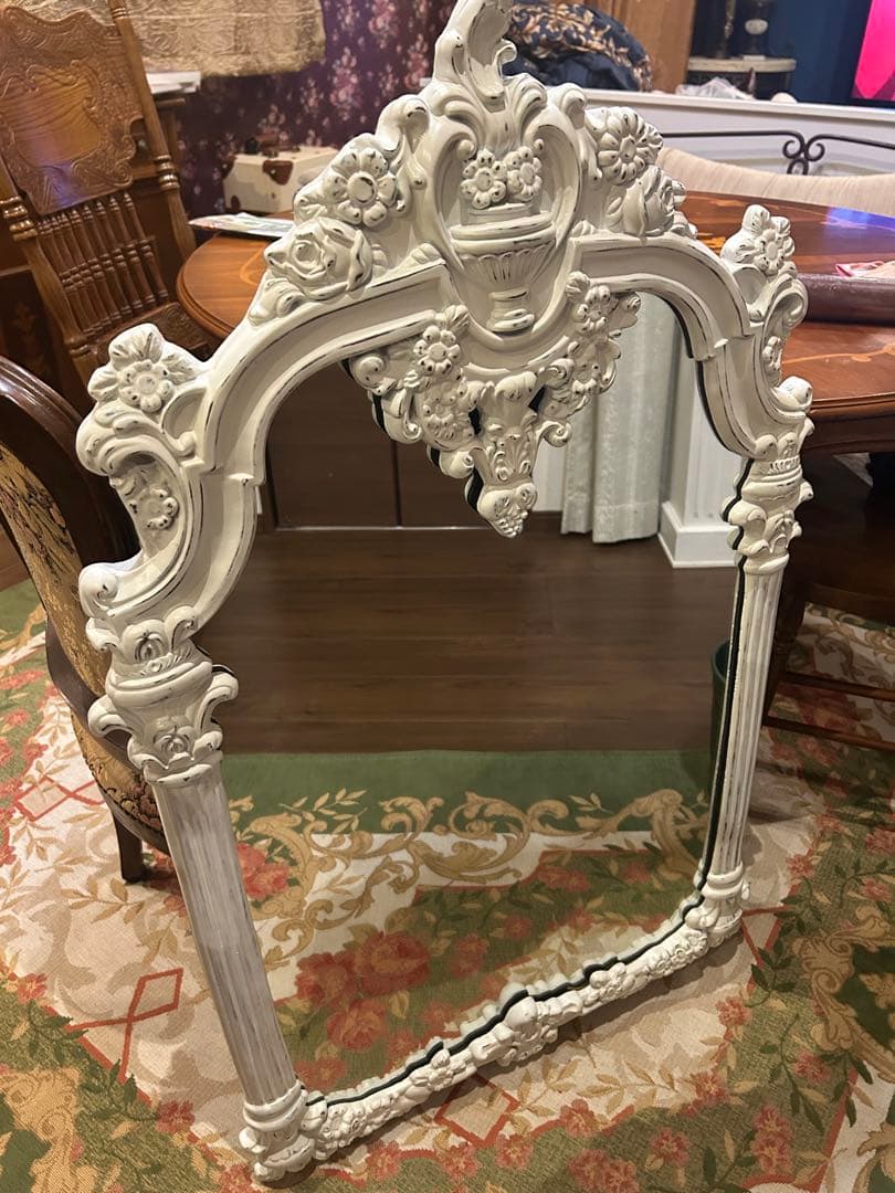 アンティーク　ロココ　ホワイト　壁掛けミラー　姿見