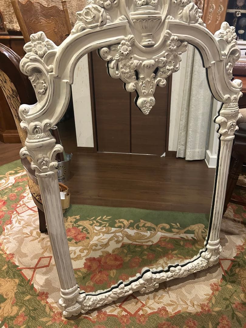 アンティーク　ロココ　ホワイト　壁掛けミラー　姿見