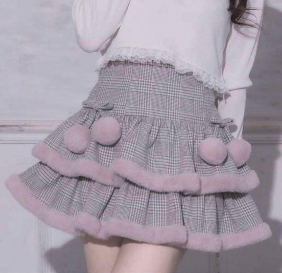 pium ピウム ファー付きティアードミニスカート グレーチェック