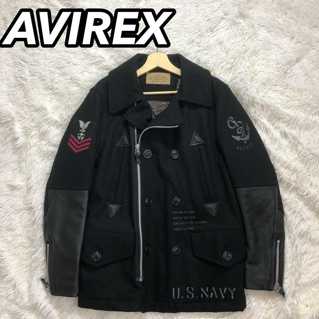 AVIREX　Pコート　切替　袖レザー　牛革　ワッペン　ダブル仕様　ブラック　L
