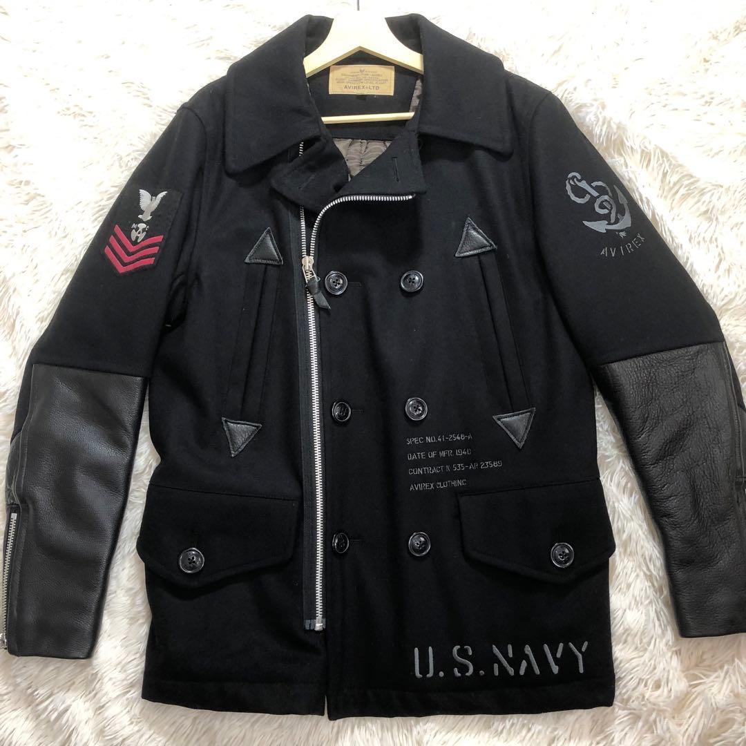 AVIREX　Pコート　切替　袖レザー　牛革　ワッペン　ダブル仕様　ブラック　L